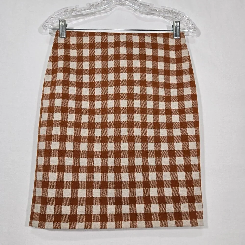 ACADEMIA - SIREN Brown & Beige Checkered Ponte Knit Pencil Mini Skirt PETITE XSP - Picture 4 of 16